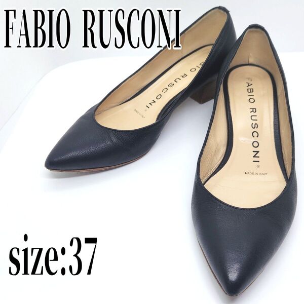 FABIO RUSCONI レザー パンプス ポインテッドトゥ ブラック 37 チャンキーヒール ファビオルスコーニ