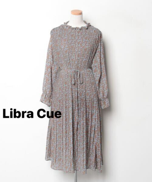Libra Cue 長袖ワンピース ブラウン フリル ミモレ丈 上品 プリーツ