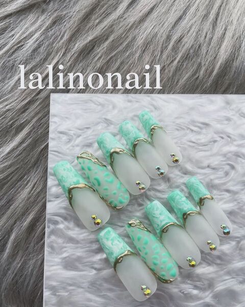 ギャルネイルチップ ヒョウ柄 フレンチ マーブル ニュアンス ロング