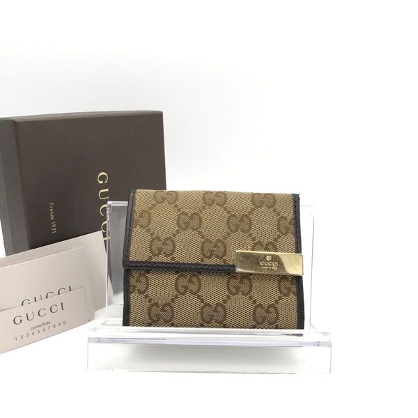 美品 グッチ財布 グッチ折り財布 グッチメタルプレート グッチキャンバスブラウン GUCCI 二つ折り財布 財布