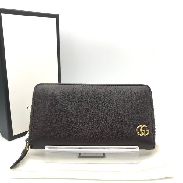 新品同様 グッチ財布 グッチ長財布 グッチggマーモント レザー ダークブラウン ラウンドファスナー GUCCI