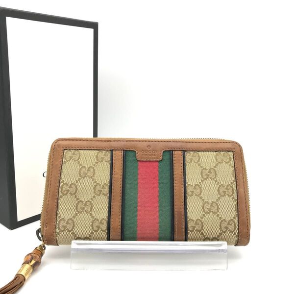 美品 グッチ財布 グッチ長財布 グッチGGキャンバス グッチシェリーライン ラウンドファスナー グッチタッセル GUCCI