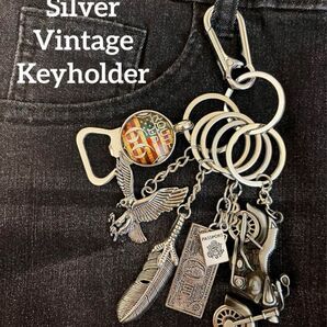 キーホルダー キーリング アメカジ ヴィンテージ シルバー 8ボール ダイス カラビナ バイク フェザー 古着 じゃらじゃら