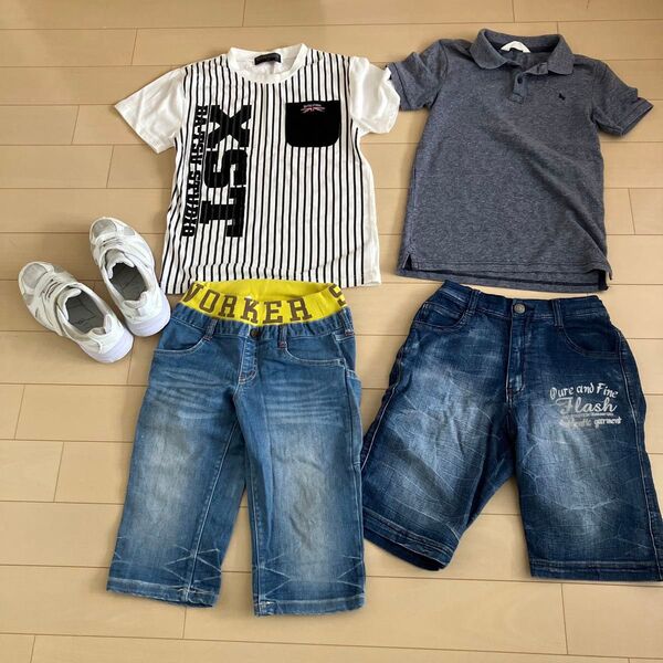 男の子 夏服 BATSU半袖Tシャツ+半ズボン2着+H&Mポロシャツ+23センチ白色スニーカー