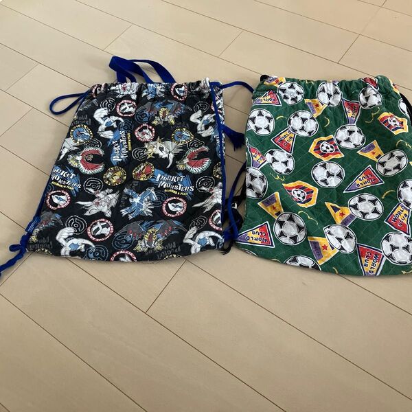 布製 紐のリュック2個セット ポケモン柄とサッカー柄 体操服袋などに。 男の子 カバン 幼稚園 保育園 小学校 ハンドメイド