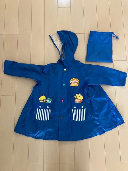 レインコート サイズ100 青色 子供 雨具 レインコート 雨よけ 帽子付き 袋付き 美品 記名無し