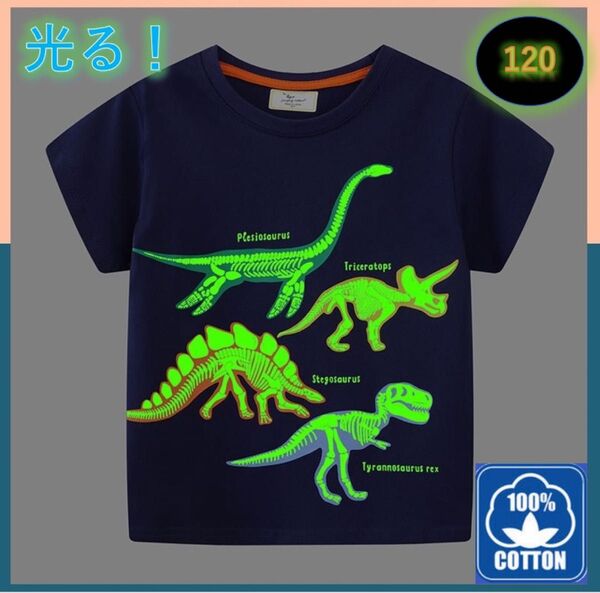 光る!蓄光Tシャツ 新品 ネイビー 120㎝ 恐竜 キッズ 半袖 コットン Tシャツ カットソー