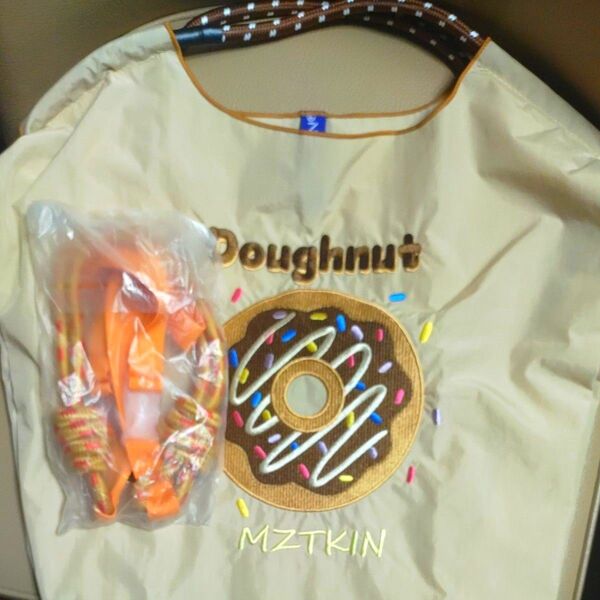 ストラップ紐付 ドーナツ柄 刺繍バッグ Мサイズ エコバッグ トートバッグ ベージュ DONUTS ショルダー