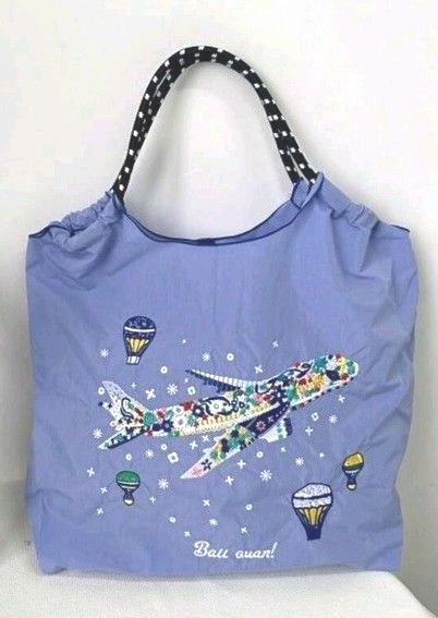 飛行機柄 花柄 気球柄 刺繍バッグ エコバッグ М トートバッグ 飛行機刺繍 パープル系 ラベンダーカラー