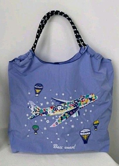 飛行機柄 花柄 気球柄 刺繍バッグ エコバッグ М トートバッグ 飛行機刺繍 パープル系 ラベンダーカラー