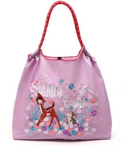新品未使用 М バンビとうさぎ 刺繍バッグ トートバッグ エコバッグ ロープバッグ パープルピンク BAMBI