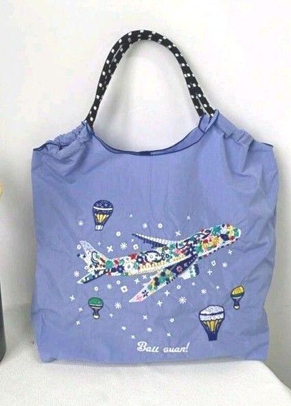 飛行機柄 花柄 気球柄 刺繍バッグ エコバッグ М トートバッグ 飛行機刺繍 パープル系 ラベンダーカラー