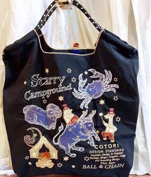 星座柄 Мサイズ 刺繍バッグ エコバッグ ナイロンバッグ トートバッグ ワッペン刺繍 COTORI 蟹座 牡牛座 牡羊座