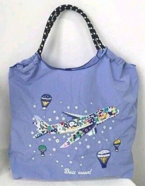 飛行機柄 花柄 気球柄 刺繍バッグ エコバッグ М トートバッグ 飛行機刺繍 パープル系 ラベンダーカラー