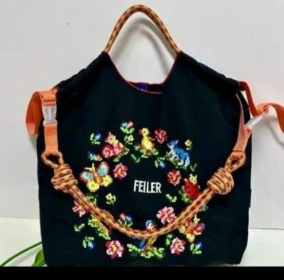 ストラップ付き 花柄 ひよこ柄 刺繍バッグ エコバッグ トートバッグ ショルダー紐付き FEILERロゴ刺繍 ハイジ