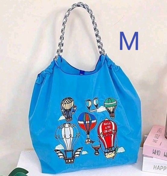 新品 気球柄 刺繍バッグ エコバッグ トートバッグ 青 ブルー Мサイズ