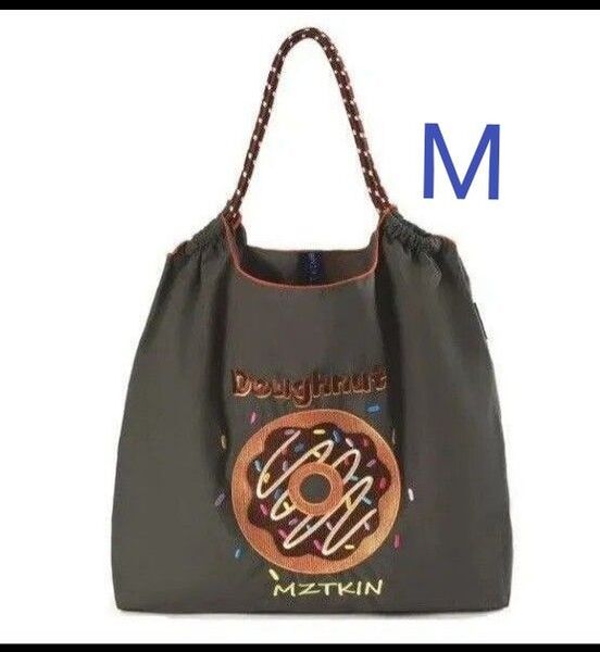ドーナツ柄 刺繍バッグ Мサイズ エコバッグ トートバッグ ブラウン DONUTS ショルダー こげ茶 茶色