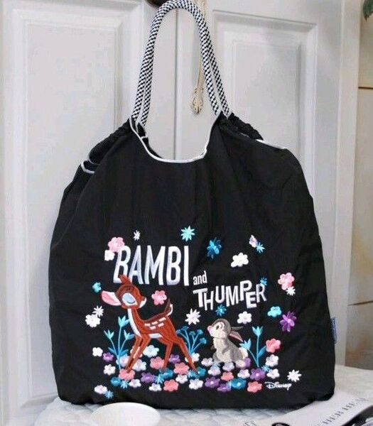 新品未使用 М バンビとうさぎ 刺繍バッグ トートバッグ エコバッグ ロープバッグ ブラック BAMBI