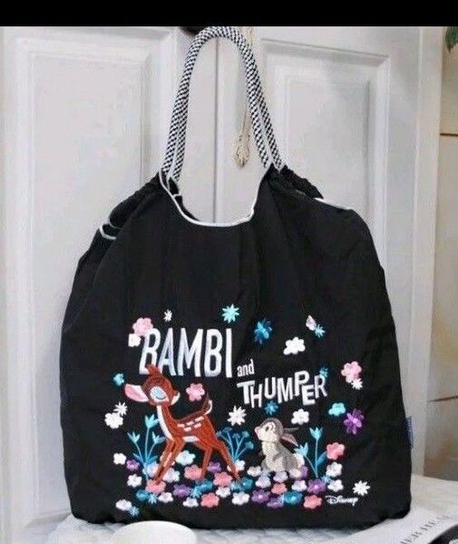 新品未使用 М バンビとうさぎ 刺繍バッグ トートバッグ エコバッグ ロープバッグ ブラック BAMBI