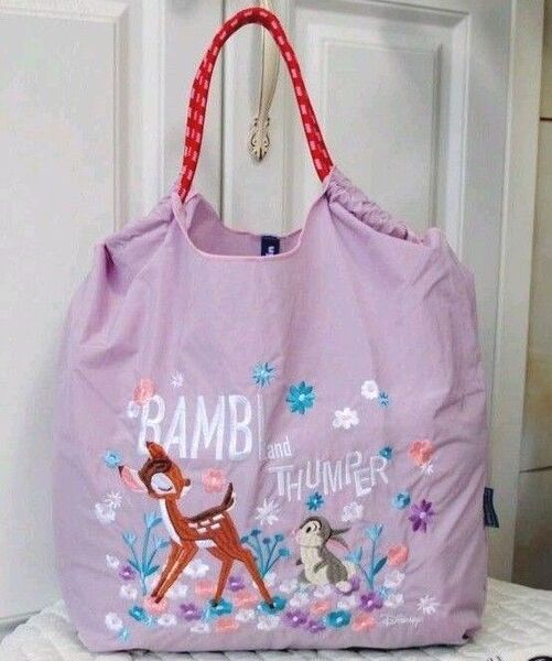 新品未使用 М バンビとうさぎ 刺繍バッグ トートバッグ エコバッグ ロープバッグ パープルピンク BAMBI