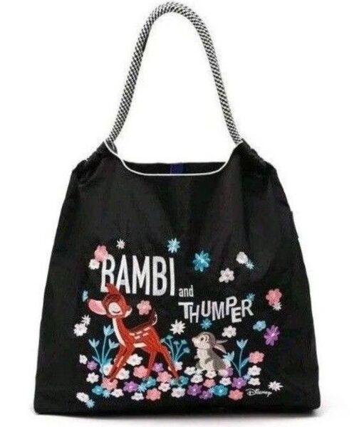 新品未使用 М バンビとうさぎ 刺繍バッグ トートバッグ エコバッグ ロープバッグ ブラック BAMBI ボールアンドチェーン