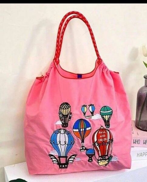 新品 気球柄 刺繍バッグ エコバッグ トートバッグ ピンク Мサイズ