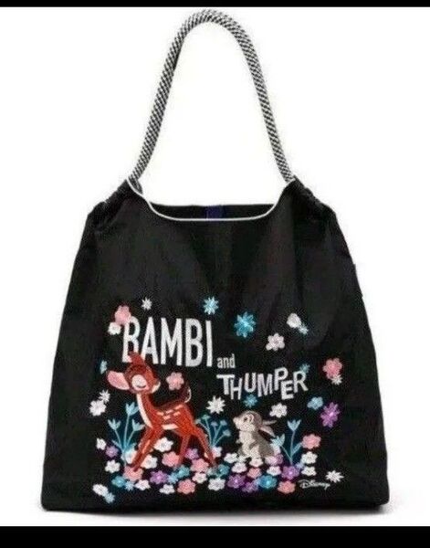 新品未使用 М バンビとうさぎ 刺繍バッグ トートバッグ エコバッグ ロープバッグ ブラック BAMBI ボールアンドチェーン