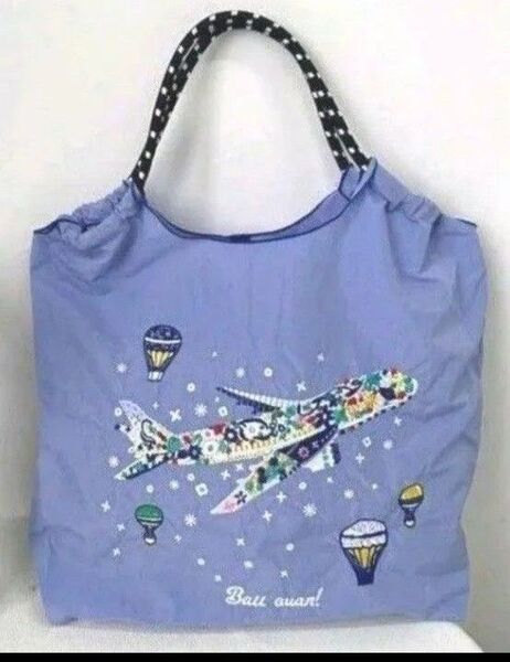 飛行機柄 花柄 気球柄 刺繍バッグ エコバッグ М トートバッグ 飛行機刺繍 パープル系 ラベンダーカラー