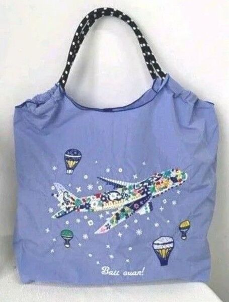 飛行機柄 花柄 気球柄 刺繍バッグ エコバッグ М トートバッグ 飛行機刺繍 パープル系 ラベンダーカラー