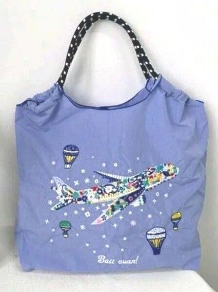 飛行機柄 花柄 気球柄 刺繍バッグ エコバッグ М トートバッグ 飛行機刺繍 パープル系 ラベンダーカラー
