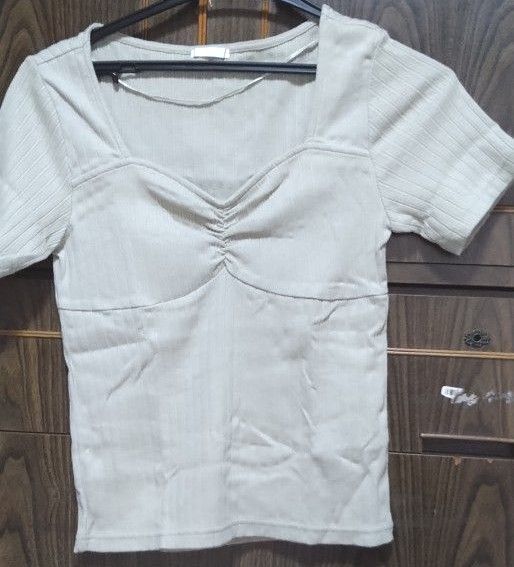 GU リブフロントギャザーT 半袖 トップス ジーユー グリーン Sサイズ