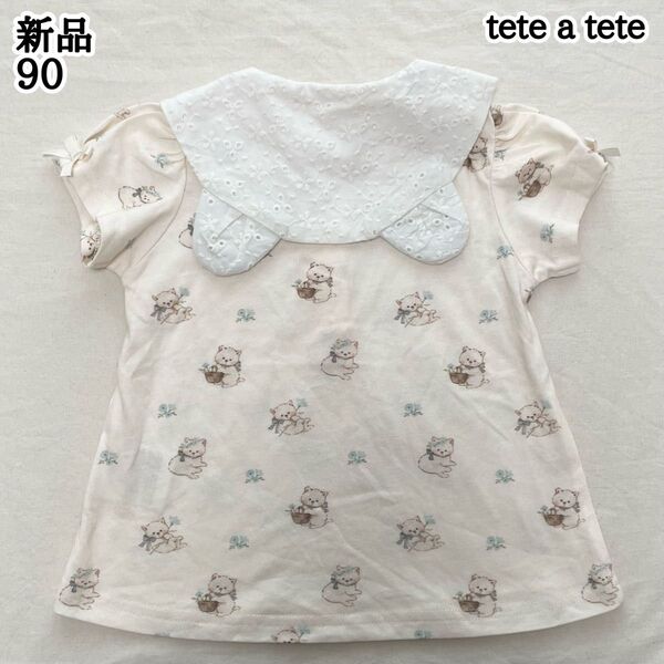 新品 tete a tete 90㎝ 猫耳 レース ねこ総柄 半袖 Tシャツ
