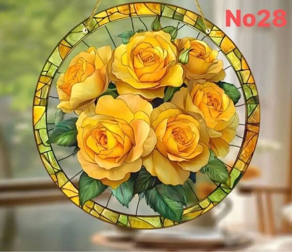 【20×20cm】イエローローズ 黄色 薔薇雑貨 サンキャッチャー ステンドグラス風◆特別まとめ値引きSALE中◆