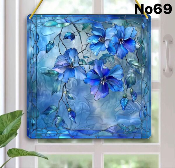 【20×20cm】ブルーフラワー ステンドグラス風 トールペイント 壁飾り