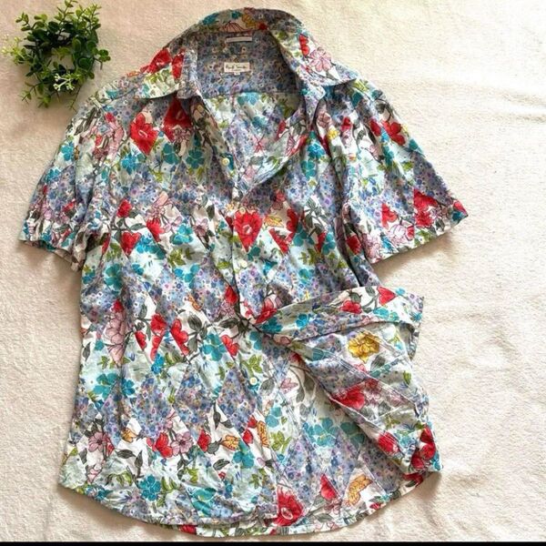 美品 希少 ポールスミス PaulSmith パッチワーク 半袖 総柄 アロハシャツ 花柄 シャツ XL 大きめ