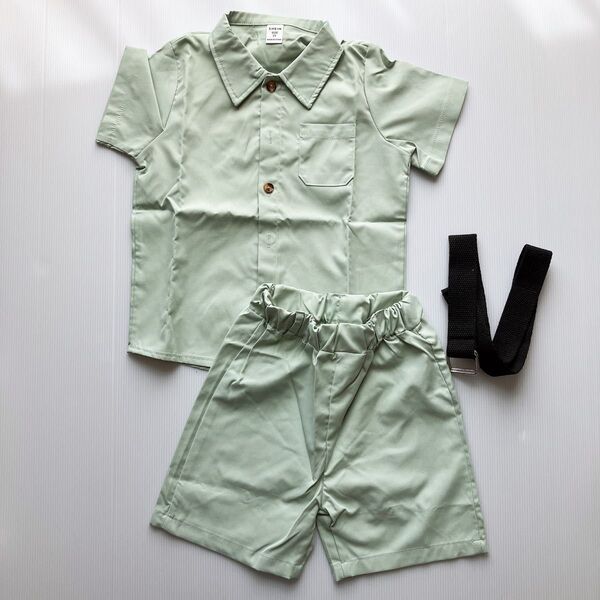 SHEIN キッズ セットアップ 半袖シャツ ハーフパンツ グリーン 5Y 未使用 ベルト
