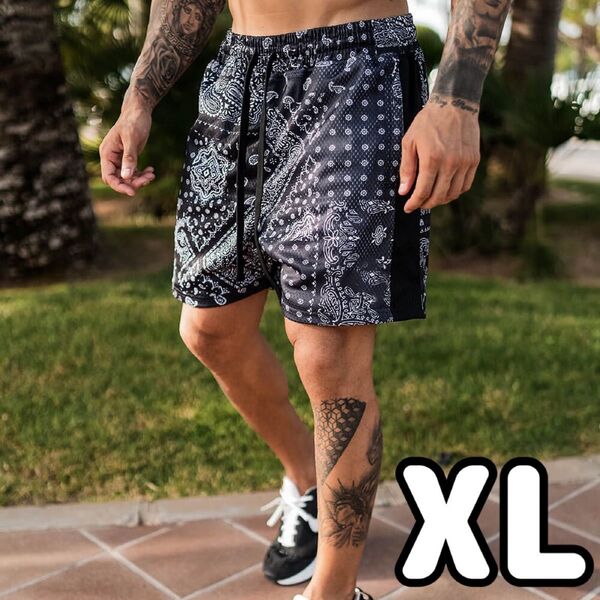 【XLサイズ】メンズ ハーフパンツ ショートパンツ 短パン バンダナ柄 ペイズリー柄 カジュアル 夏 黒 薄手