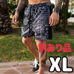 【訳あり品】XL メンズ ハーフパンツ ショートパンツ 短パン バンダナ柄 ペイズリー柄 カジュアル 夏 黒 薄手