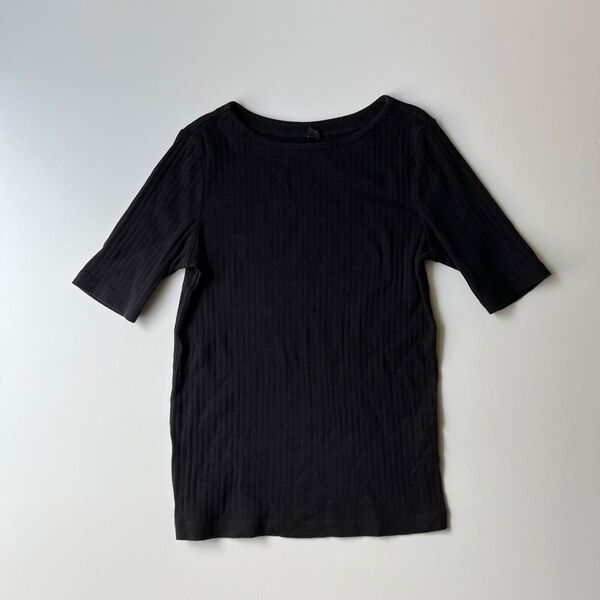 ユニクロ UNIQLO リブボートネックT(5分袖)黒 M