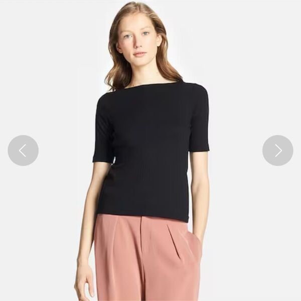 ユニクロ UNIQLO リブボートネックT(5分袖)黒 M