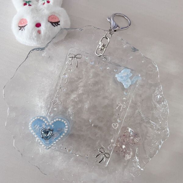 ※訳あり※*.゜レジンデコキーホルダー*.゜フォトキーホルダー ハンドメイド ブルー レジンパーツ ねこ ハート