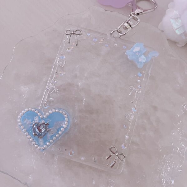 ※訳あり※*.゜レジンデコキーホルダー*.゜フォトキーホルダー ハンドメイド ブルー レジンパーツ ねこ ハート