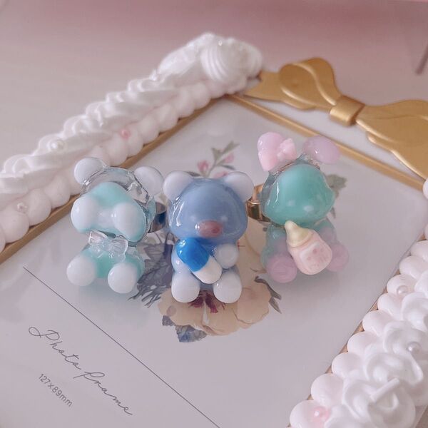 *.゚ちゅるちゅるレジンリング*.゚ブルー グリーン ピンク クリア レジン ハンドメイドリング くま うさぎ