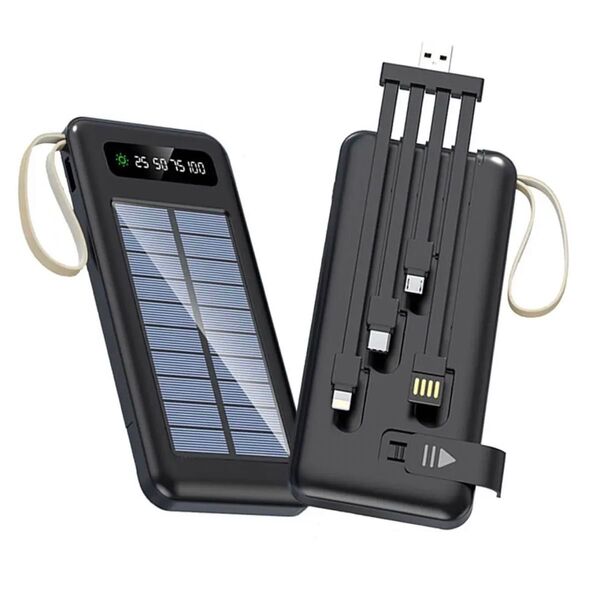 モバイルバッテリー ソーラー 20000mAh 4ケーブル内蔵 急速充電 携帯4台同時出力 スマホスタンド機能 PSE認証済み