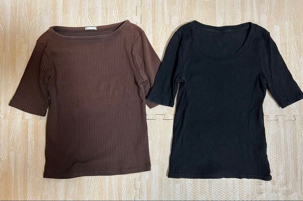 2枚セット まとめ売り Tシャツ ブラック ブラウン ユニクロ ジーユー リブUネックT 5分袖 リブボートネックT(半袖)