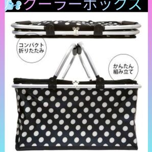 【訳あり】クーラーボックス 折りたたみ バスケット 買い物かご 水玉 白黒 大容量 ドット ショッピングバッグ