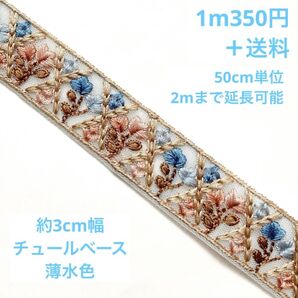 インド刺繍リボン 細幅 水色系 ブルー系 1m 延長可 軽い検品