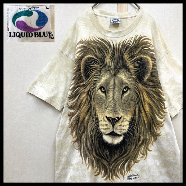 LIQUID BLUETシャツ リキッドブルー L 古着 希少 USA製 タイダイtシャツ アニマルtシャツ ライオン