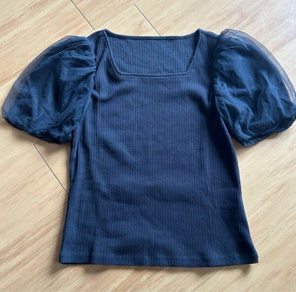 ブラック リブ編み パフスリーブ トップス Lサイズ 半袖 半袖カットソー Tシャツ