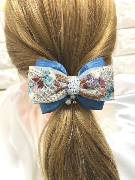 2514インド刺繍リボン☆ヘアゴム ハンドメイド パール付きゴム ブルー トレンドカラー